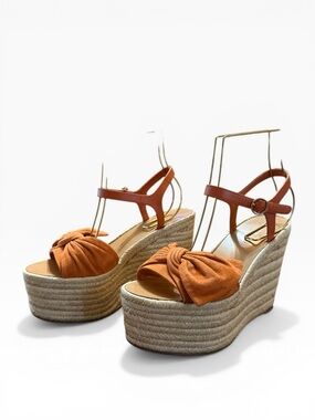 Valentino Garavani Tropical Bow Suede Espadrille Wedge Platform Sandals EU 36.5